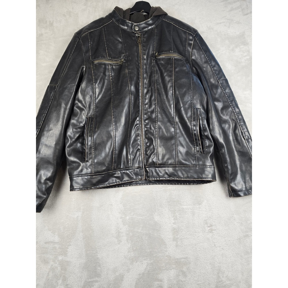 Levi's Faux Leather Jacket Mens L Dark Brown Sherpa Lined Hooded Moto
